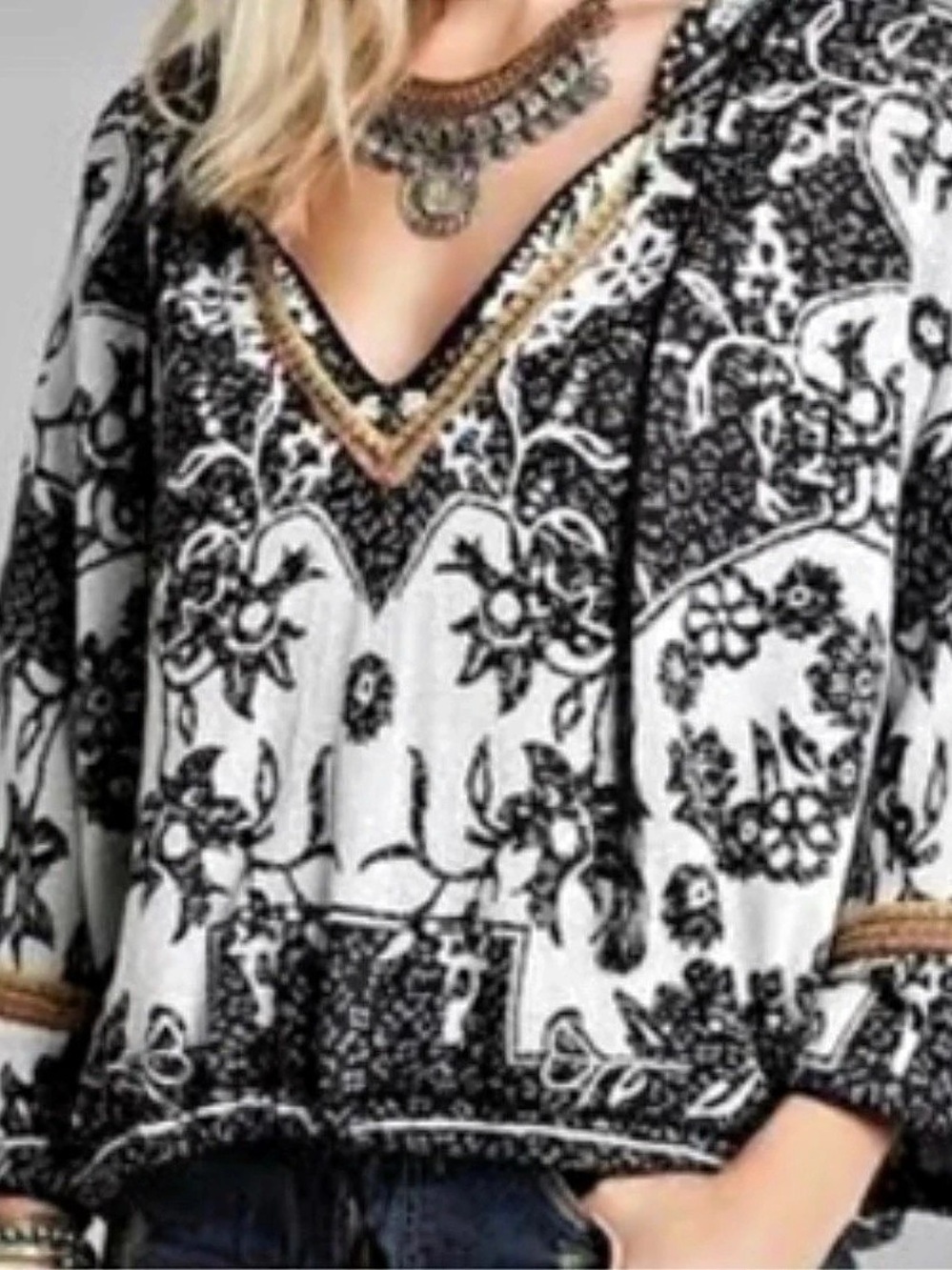 Free People Kanuk Hoodie Black + White Boho Print Size Large Festival/Artsy
